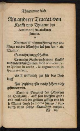 Ain anderer Tractat/ von Krafft und Thugent des Antimonii öls ...