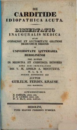 De carditide idiopathica acuta : dissertatio inauguralis medica