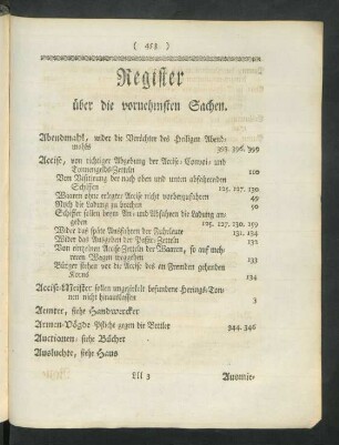 Register über die vornehmsten Sachen