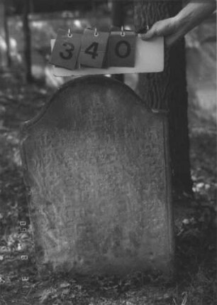 Grabstein 340 (Index: 99609977) Material: Sandstein Zustand: stark verwittert, weitgehender Textverlust Maße HxBxT: 70x48x2 cm Beschreibung: Stele, Konvexbogenabschluß, Schriftfeld eingetieft: Grabstein 340