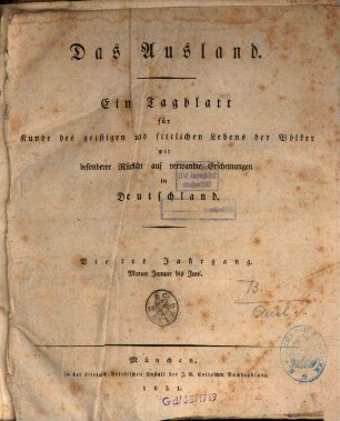 Das Ausland : Wochenschrift für Erd- und Völkerkunde. 4, 1. 1831
