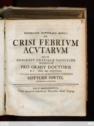Dissertatio Inavgvralis Medica De Crisi Febrivm Acvtarvm
