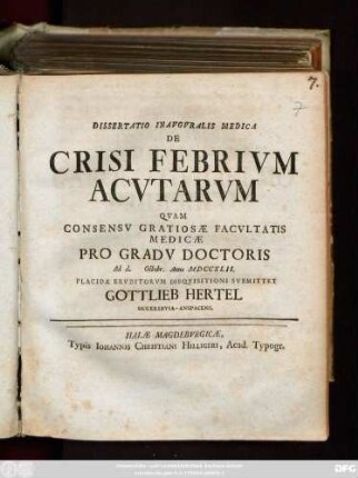 Dissertatio Inavgvralis Medica De Crisi Febrivm Acvtarvm