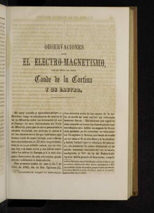 Observaciones sobre el Electro-Magnetisimo, por el exmo. sr. socio Conde de la Cortina y de Castro.