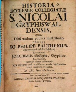 Historia ecclesiae collegiatae S. Nicolai Gryphiswaldensis