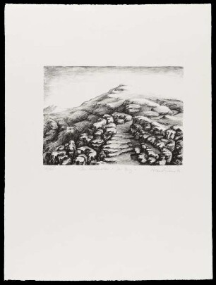 Lithografie des Künstlers Roland Kraus, Titel: Das Stillehalten - Der Berg, 1972