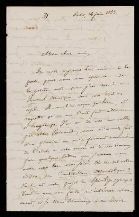 Nr. 1: Brief von Ernest Renan an Paul de Lagarde, Paris, 16.6.1853