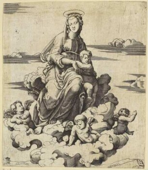Maria mit dem Jesuskind, auf Wolken thronend