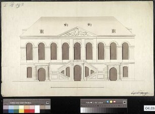 Aufriss der Eingangsseite (Südost) mit der Freitreppe