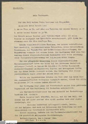 Testament Carl Boschs sen. (Abschrift)