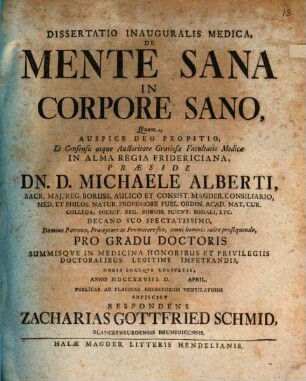 Diss. inaug. med. de mente sana in corpore sano