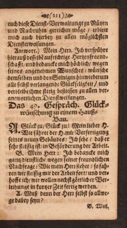 Das 49. Gespräch. Glückwünschung zu einem Hauß-Bau.