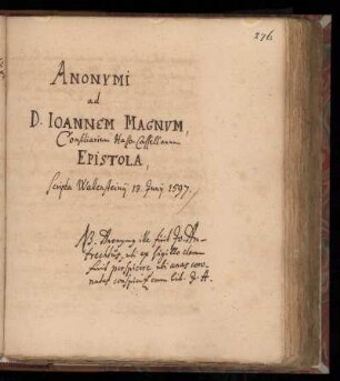 [Brief von Anonym an D. Johann Magnus (1597)]