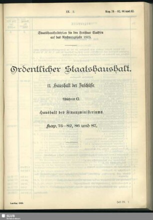 II. Haushalt der Zuschüsse. Abschnitt G. Haushalt des Finanzministeriums. Kap. 73-82, 86 und 87