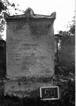 Grabstein 59 (Index: 100103609) Material: Sandstein Zustand: stark verwittert, weitgehender Textverlust Maße HxBxT: 152x72x12 cm Beschreibung: aufgesockelte Stele, flacher Giebelabschluss, Giebel- und Eckakroteren: Grabstein 59