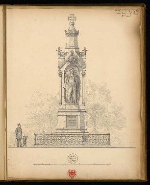 Gefallenendenkmal, Stendal Monatskonkurrenz März 1875: Aufriss Vorderansicht; Maßstabsleiste