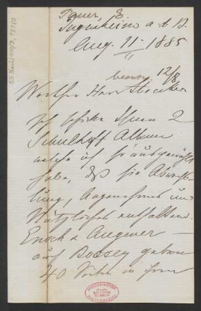 Brief an Ludwig Strecker  und B. Schott's Söhne : 11.08.1885