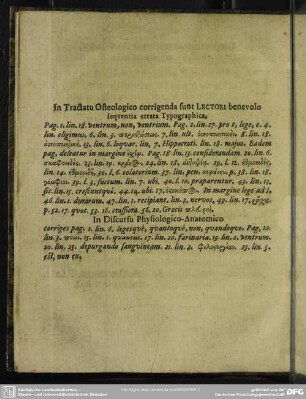 In Tractatu Osteologico corrigenda sunt Lectori benevolo sequentia errata Typographica