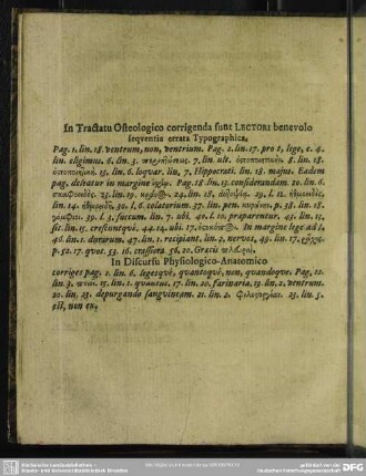 In Tractatu Osteologico corrigenda sunt Lectori benevolo sequentia errata Typographica
