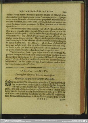 Artic. CLXXIV. Sacrilegium circa res minores commissunt. Geringer geweyheter Dinge Diebstal