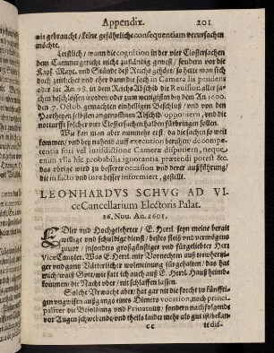 201-221, Leonhardus Schug ad Vice Cancellarium Electoris Palat. 16. Nou. An. 1601. - Votum Cancellarii Palatino [...] 7. Aug. An. 1606.