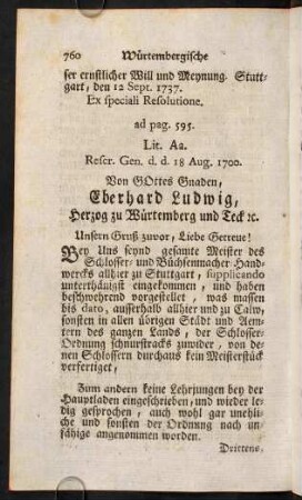760-774, ad pag. 595. Lit. Aa. [18. Aug. 1700.]; ad pag. 600. Lit. Bb. [1. Nov. 1735.]; ad pag. 610. Lit. Cc. [15. Jan. 1724.]