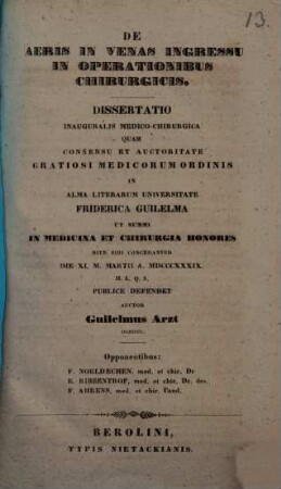De aëris in venas ingressu in operationibus chirurgicis : diss. inaug. med. chir.