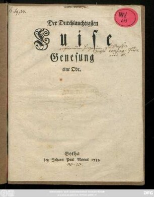 Der Durchlauchtigsten Luise Genesung : eine Ode