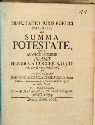 Disputatio Juris Publici Naturalis De Summa Potestate