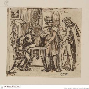Drei Männer in einem Raum (Szene aus Shakespeares Kaufmann von Venedig?)