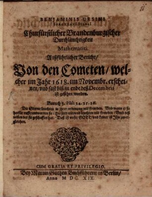 Außführlicher Bericht von dem Cometen ... anno 1618