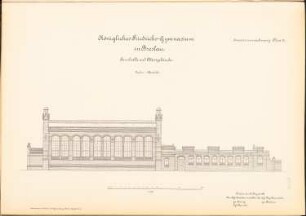 Friedrichs-Gymnasium, Breslau: Turnhalle und Abortgebäude: Vorderansicht 1:100