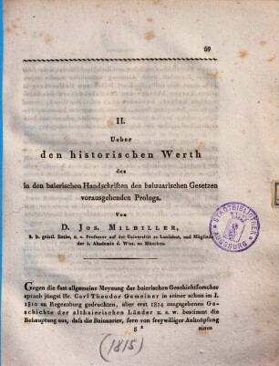 Ueber den historischen Werth des in den baierischen Handschriften den bajuvarischen Gesetzen vorausgehenden Prologs