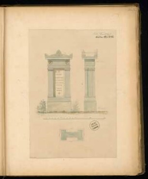Grabdenkmal für einen Grubendirektor Monatskonkurrenz Februar 1876: Grundriss, Aufriss Vorderansicht, Seitenansicht; Maßstabsleiste
