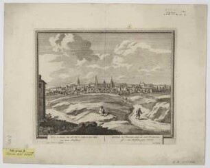 Ansicht von Halle (Saale), Radierung, um 1702 : Hal in Saxen, zoo als het te zien is van den weg naar Merseburg : cum Privil. = Halla in Saxonia, qua ad eam prospectus est e via merseburgum versus / Pet. Schenk ex. - Amstelod[ami] , [1702]. - 1 Ansicht : Radierung ; 26 x 21 cm