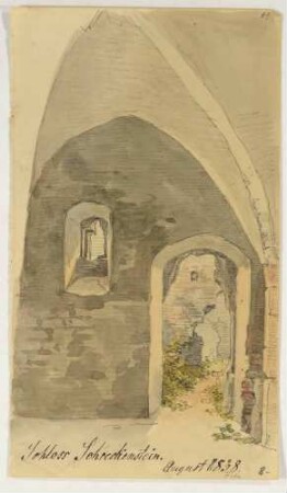 Die Burg Schreckenstein bei Aussig an der Elbe in Böhmen (Hrad Střekov in Ústí nad Labem in Tschechien), Detail mit Gewölbe, Fenster, Tür und Blick ins Freie