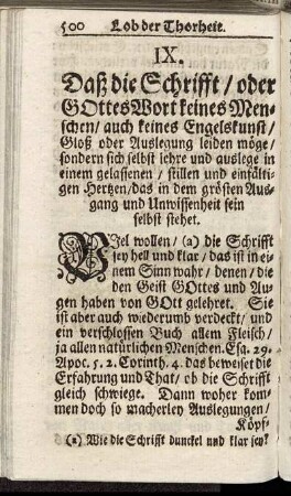 IX. Daß die Schrifft/ oder Gottes Wort keines Menschen/ auch keines Engelskunst/ Gloß oder Auslegung leiden möge [...]