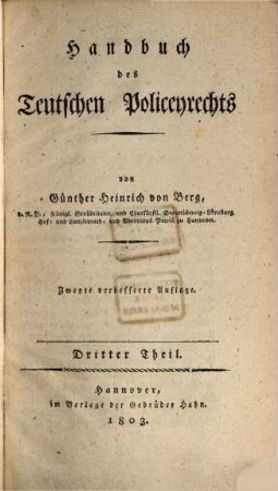 Handbuch des Teutschen Policeyrechts. Dritter Theil