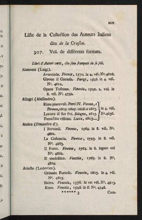 XLV-LXI, Liste de la Collection des Auteurs Italiens dits de la Crusca.