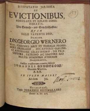 Disputatio Iuridica De Evictionibus, Absolute Et Relate Consideratis