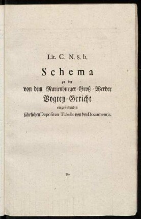 Lit. C. No. 8.b. Schema zu der von dem Marienburger-Groß-Werder Vogtey-Gericht einzusendenden jährlichen Depositen-Tabelle von den Documentis