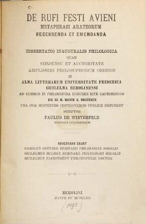 De Rufi Festi Avieni Metaphrasi Arateorum recensenda et emendenda