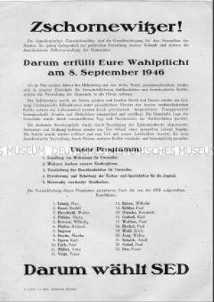 Propagandaflugblatt der SED-Ortsgruppe Zschornewitz mit Aufruf zu den Gemeindewahlen 1946 und Kandidatenliste