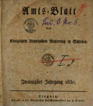 Amts-Blatt der Preußischen Regierung zu Liegnitz. 1830 = Jg. 20