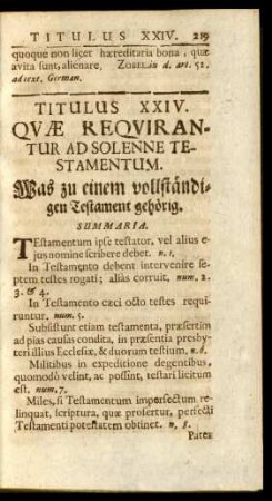 Titulus XXIV. Quae Requirantur Ad Solenne Testamentum. Was zu einem vollständigen Testament gehörig