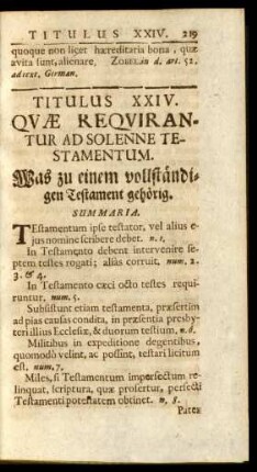 Titulus XXIV. Quae Requirantur Ad Solenne Testamentum. Was zu einem vollständigen Testament gehörig