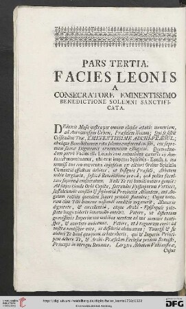 Pars Tertia. Facies Leonis a consercratore eminentissimo benedictione solemni sanctificata