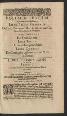 Sectio I. De Foro Ecclesiastico, cumprimis causarum Matrimonialium.