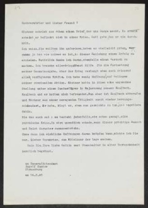Brief von Gerhart Hauptmann an Ingolf Kuntze