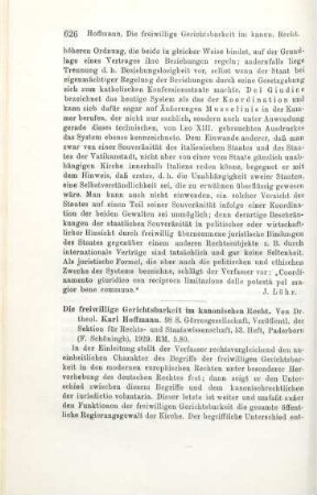 626-628 [Rezension] Hofmann, Karl, Die freiwillige Gerichtsbarkeit (iurisdictio voluntaria) im kanonischen Recht